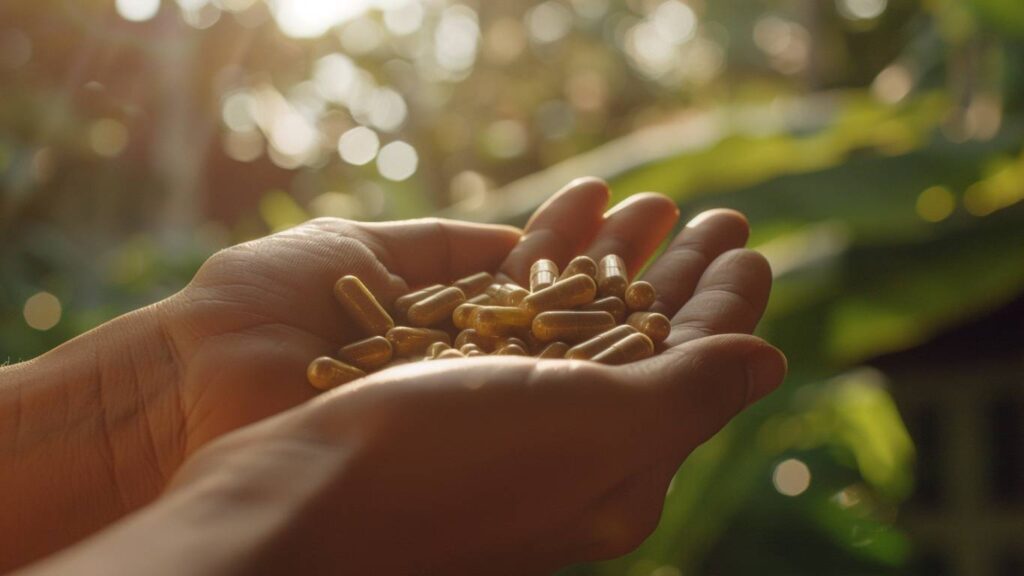 A person's open hand holding yellow glutathione capsules with a natural, sunlit backdrop, symbolizing organic health supplementation.