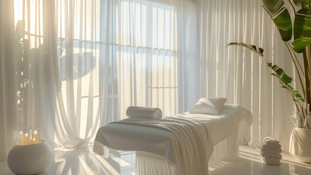 A peaceful and elegant spa room with a massage table, soft white drapes, and ambient candlelight, representing a healthy, stress-free environment, perfect for glutathione iv therapy.