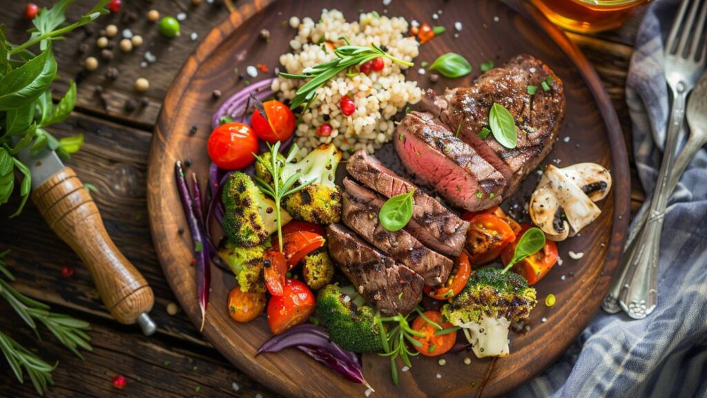 A nutritious and appetizing meal of steak with grilled vegetables and grains on a wooden platter, rich in glutathione-promoting amino acids.