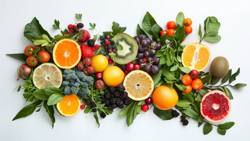 An assortment of colorful, fresh fruits and vegetables artfully arranged to form a rainbow gradient, promoting a diet that boosts natural glutathione levels.